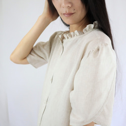 送料無料　S～5L選べる7サイズ　マキシワンピース　麻　フリル衿　チューリップ袖　ベージュ 4枚目の画像