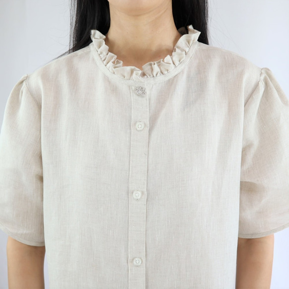 送料無料　S～5L選べる7サイズ　マキシワンピース　麻　フリル衿　チューリップ袖　ベージュ 5枚目の画像