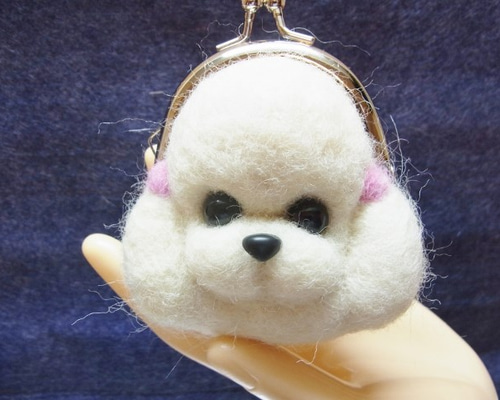 がま口財布 羊毛フェルト プードル犬 ホワイト 小銭入れ・コインケース