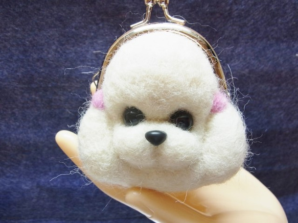 がま口財布 羊毛フェルト プードル犬 ホワイト 小銭入れ・コインケース