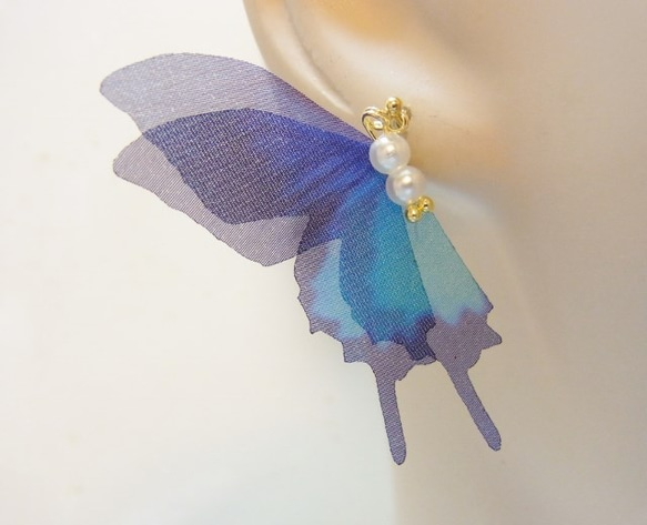 シフォン 蝶 パール加工パーツ　アゲハ蝶 グラデーションブルー 1枚目の画像