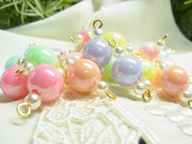 パールビーズ 21コ 9ピン加工パーツ 7カラーシャインパール レジン