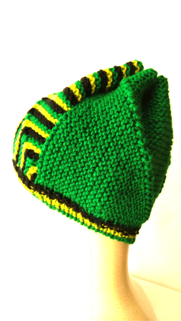 個性輝く　ニット帽子　ハンドメイド　（グリーン　薄グリーン　ブラック　3カラー使用） 4枚目の画像
