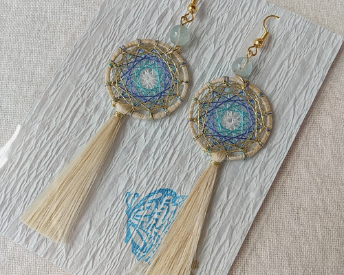 精麻+糸かけ曼陀羅のピアス Sサイズ アクアマリン ピアス（フック