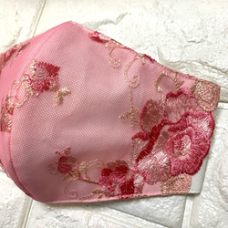 コーラルピンク花柄レースマスク♡現品発送。 2枚目の画像