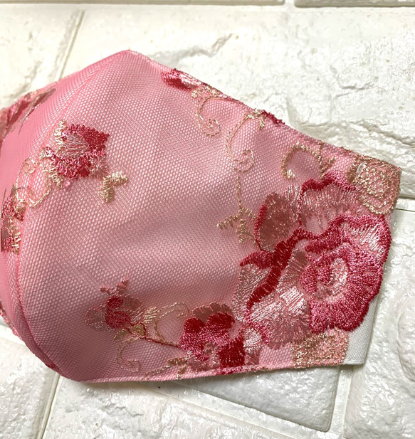 コーラルピンク花柄レースマスク♡現品発送。 2枚目の画像
