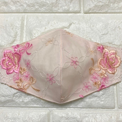 お洒落なレースマスク　光沢のある豪華なローズ刺繍☆彡ピンク 1枚目の画像