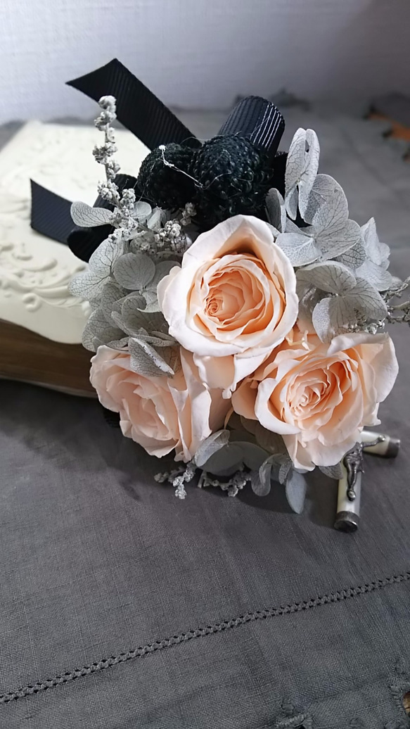 染め花 大輪のバラの花束 アートフラワー ハンドメイド リボン付き