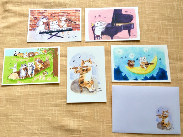 ドレミかんぱにー　演奏家の猫　ポストカード5枚セット　手差しインクジェット印刷　水彩洋紙 1枚目の画像
