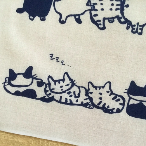 手染め日本手ぬぐい 藍色 猫がいっぱいの横柄 ドレミかんぱにー その他