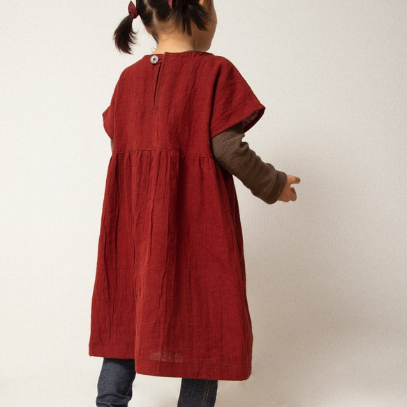 赤（えんじ）色リネンの半袖ワンピース/110cm〜130cm 3枚目の画像