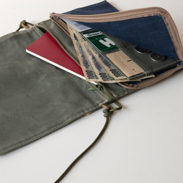 Wallet bag/お財布バック／L字長財布付きサコッシュ／撥水加工帆布／フタ付きタイプ／ブルー×ブラウン財布 6枚目の画像
