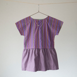 紫カラフルストライプ、フレンチスリーブの半袖チュニックシャツ/100〜120cmくらい 6枚目の画像