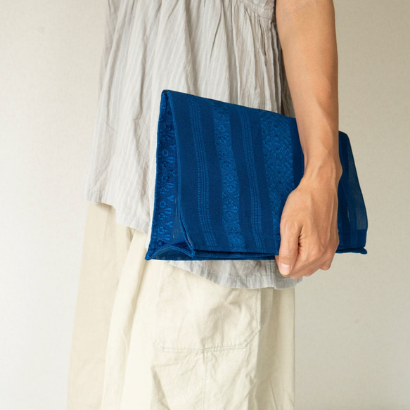 夏帯使用のかばん／クラッチバック／博多織紗献上／ブルー 2枚目の画像