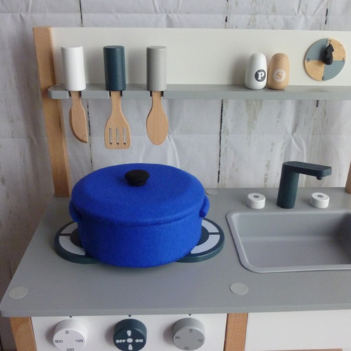 フェルトままごと 大きなフェルトのお鍋・マジックパン 青 おもちゃ