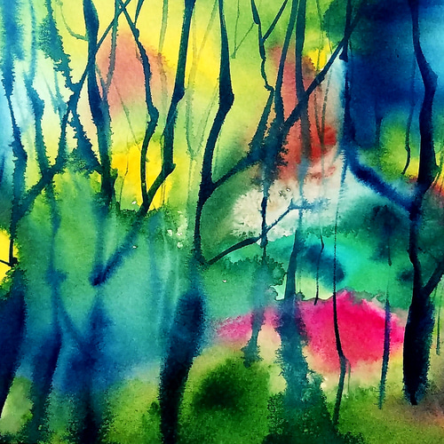 カラフルな林)水彩画フレーム付き送料無料 絵画 takakei 通販 12705670