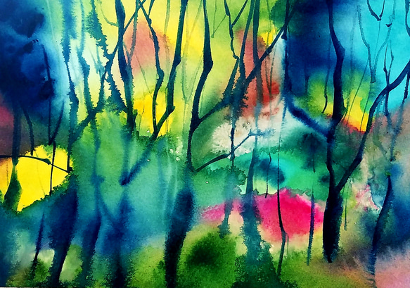 水彩画(風景)№61 カラフルな林)水彩画フレーム付き送料無料 絵画 takakei 通販 12705670