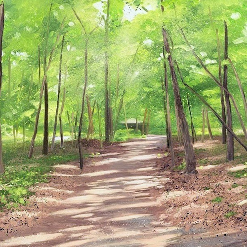 木漏れ日　オイルパステル原画　A4サイズ 風水絵画】新緑の木漏れ日 版画 大絵安彦 通販 9249966｜Creema