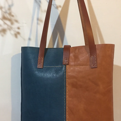 SOLD  OUT   革鞄【トートー/A4ジャストサイズ 】茶× 濃紺 2枚目の画像