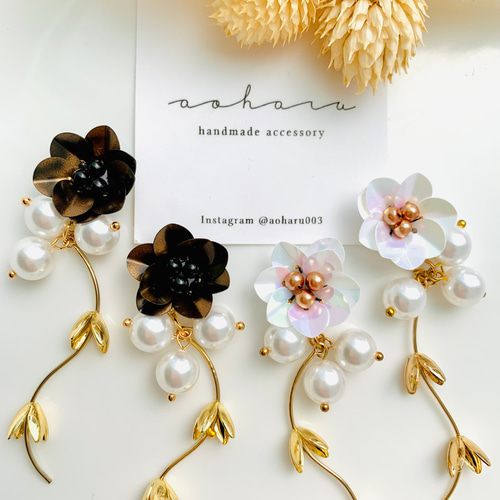 全2種 ウエディング スパンコールフラワー×パールツイストピアス  
