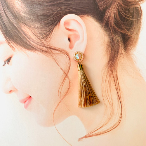 再販】パールカボション×サラサラロングタッセルピアス／イヤリング