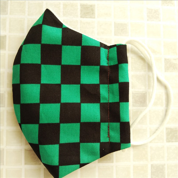 【1枚販売】【送料無料】夏マスク 子供 給食マスク エチケット用 緑 市松模様 小学生 園児 4枚目の画像