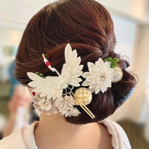 つまみ細工 髪飾り 白×金彩 鶴付 白無垢 打掛 和装 結婚式 ヘアアクセサリー
