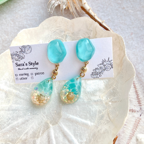 no.6061 ハンドメイド レジン ピアス イヤリング ターコイズ UV Resin