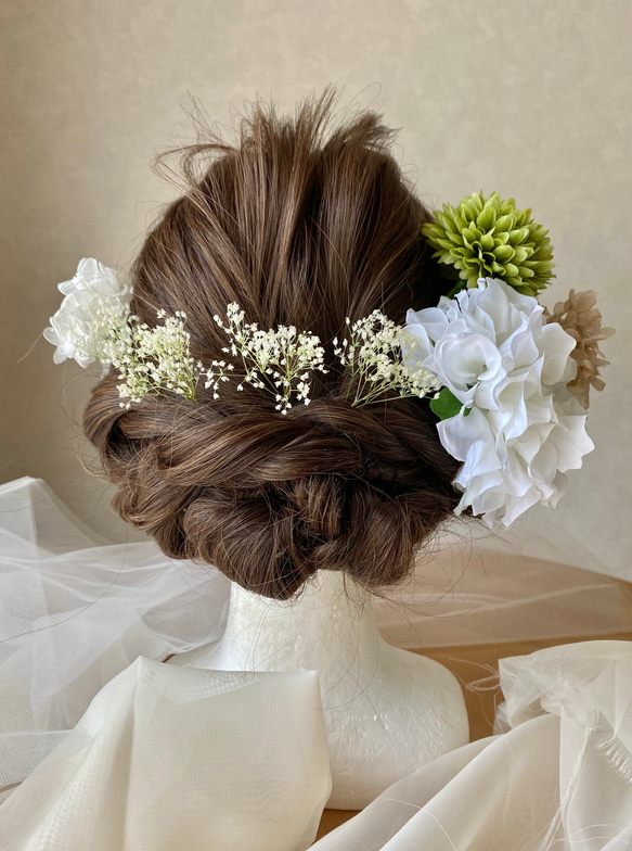 W02 結婚式　成人式　ホワイトダリア髪飾り 3枚目の画像