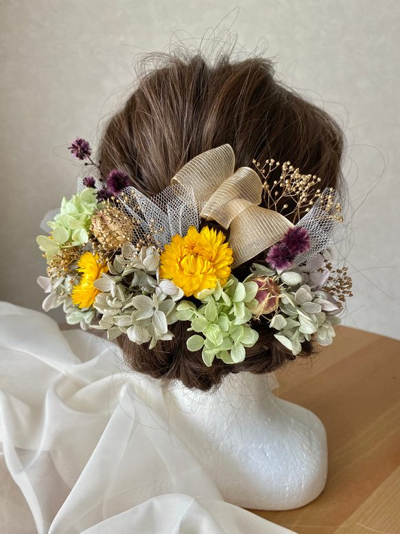 Y05 成人式　卒業式　結婚式　オーガンジーリボン×ドライフラワー髪飾り　 3枚目の画像