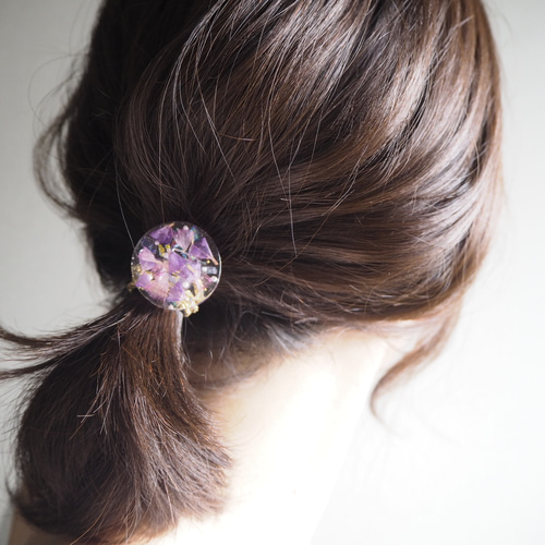 レジンヘアゴム お花パープルゴールドパールワンポイント