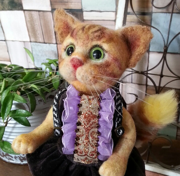 リュックを背負った茶とら猫人形 羊毛フェルト猫 その他人形