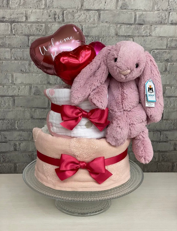 1点限り‼︎ジェリーキャット♡pink bunnyのピンクおむつケーキ 1枚目の画像