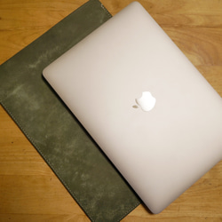 MacBook Pro14、15、16インチ用ケース　ヌメ革dark brown＆darkgreen&ブルー 10枚目の画像