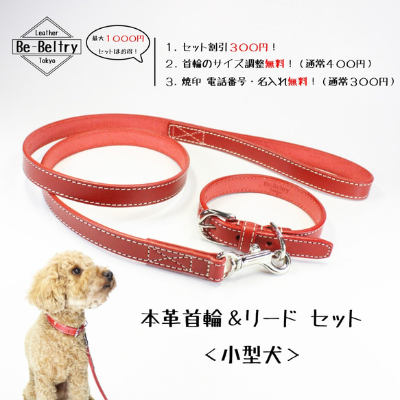 【旧商品ページ】本革レザー首輪&リードセット〈小型犬〉赤色 長さ変更可・カフェリードあり 2枚目の画像