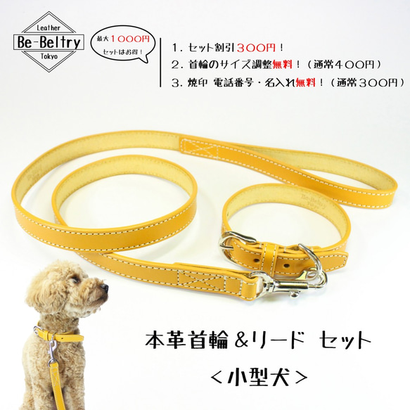 【旧商品ページ】本革レザー首輪&リードセット〈小型犬〉 マスタードイエロー色 長さ変更可・カフェリードあり 2枚目の画像