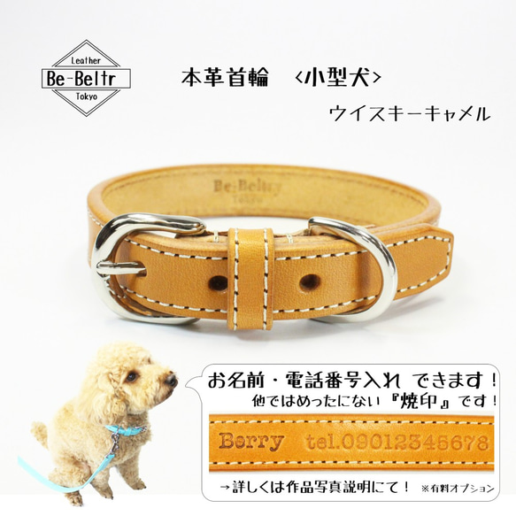 【旧商品ページ】本革レザー首輪〈小型犬〉 ウイスキーキャメル色 幅１７ｍｍ 長さ～３２cm ヌメ革サドルレザー使用 2枚目の画像