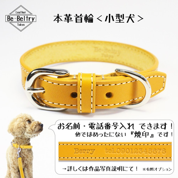 【旧商品ページ】本革レザー首輪〈小型犬〉 マスタードイエロー 幅１７ｍｍ 長さ２４~３２cm 高級ヌメ革使用 2枚目の画像