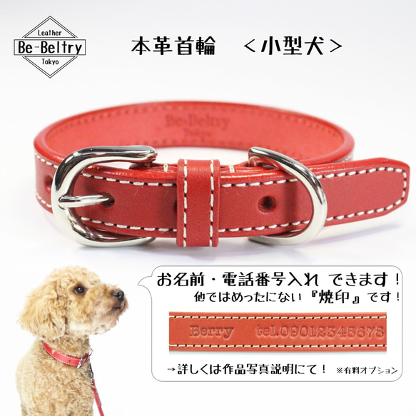 【旧商品ページ】本革レザー首輪〈小型犬〉赤色　幅１７ｍｍ　首回り～３２cm対応可　高級ヌメ革使用 2枚目の画像