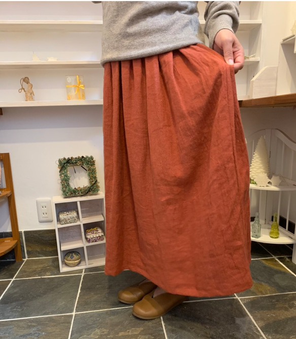 レンガ色のベルギーリネンにウールをブレンドしたギャザースカート【受注製作】秋色♫大人可愛いギャザースカート♥ 9枚目の画像