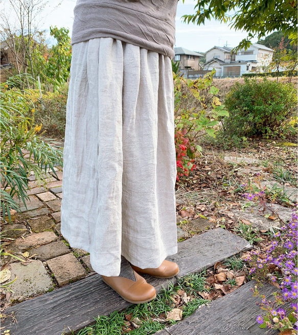 【再販】キナリ色の綾織ベルギーリネン ナチュラル染めのギャザースカート【受注製作】秋色♫大人可愛いギャザースカート♥ 4枚目の画像