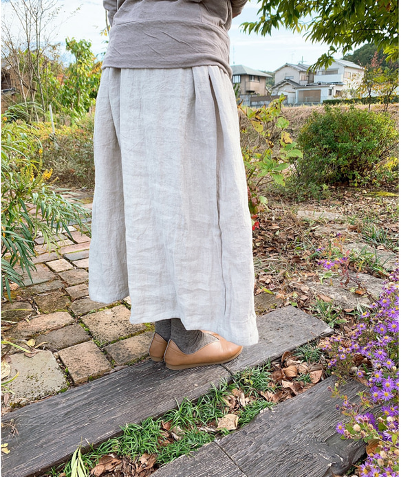 【再販】キナリ色の綾織ベルギーリネン ナチュラル染めのギャザースカート【受注製作】秋色♫大人可愛いギャザースカート♥ 5枚目の画像