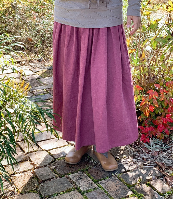 【再販】ピンクの綾織リネンウールのギャザースカート【受注製作】 2枚目の画像