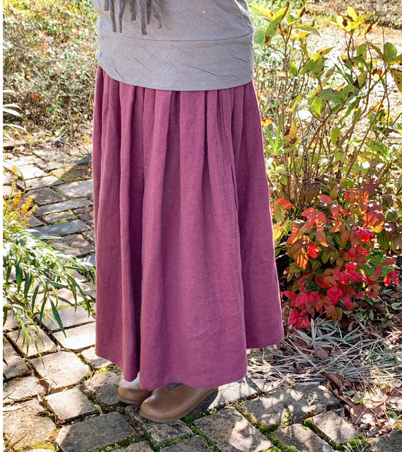 【再販】ピンクの綾織リネンウールのギャザースカート【受注製作】 3枚目の画像