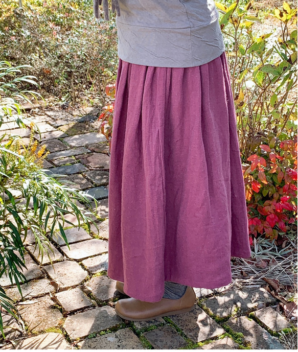 【再販】ピンクの綾織リネンウールのギャザースカート【受注製作】 4枚目の画像