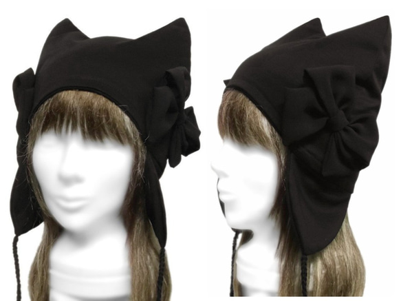 リボン飾り／耳あて付 猫耳帽子(ゆったり)◆コットンニット／ブラック 1枚目の画像