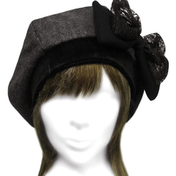 リボン飾り/リブ付ベレー帽(ゆったり)◆フラノウール/濃灰 1枚目の画像