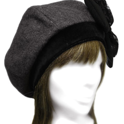 リボン飾り/リブ付ベレー帽(ゆったり)◆フラノウール/濃灰 2枚目の画像
