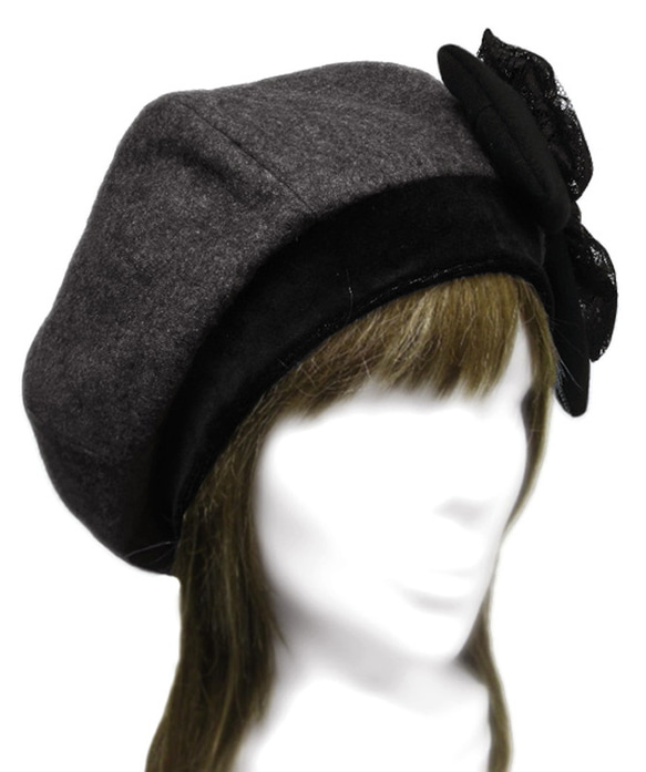 リボン飾り/リブ付ベレー帽(ゆったり)◆フラノウール/濃灰 2枚目の画像