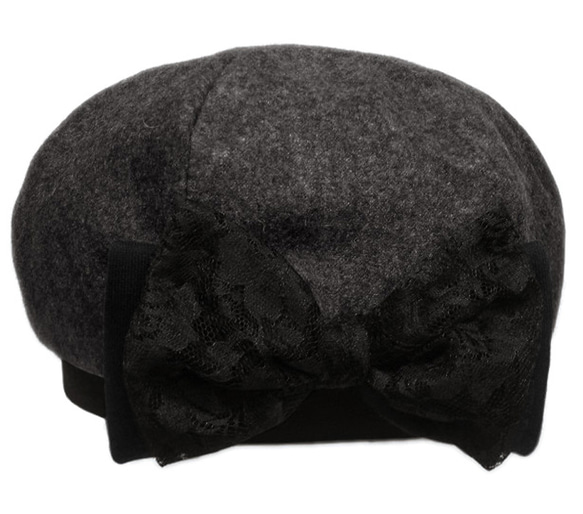 リボン飾り/リブ付ベレー帽(ゆったり)◆フラノウール/濃灰 3枚目の画像